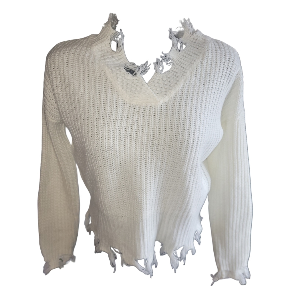 Streetwear Society Distressed White Knit Sweater with Fringed Ends S